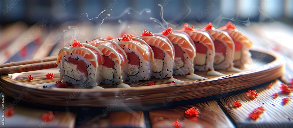 Poster sushi rolls topped with red tobiko and mayonnaise on a wooden plate with chopsticks isolated on a wh