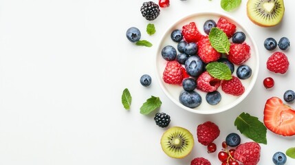 A bowl of yogurt with fresh berries and kiwi fruit, arranged on a white background.