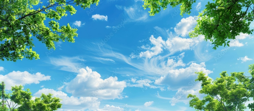 Aufkleber blank blue sky with fluffy clouds and green tree branches in the foreground providing copy space ima