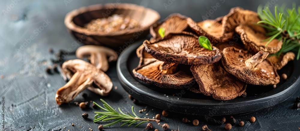 Aufkleber dried shiitake mushrooms prepared as a snack on a table with a food background and copy space image 