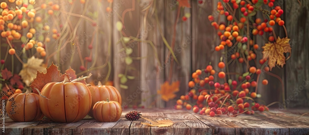 Poster fall themed still life with pumpkins and berries on a rustic wooden backdrop showcasing a vibrant sc