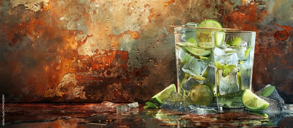 Aufkleber A gin and tonic served in a misted glass on a weathered background garnished with lime cucumber and juniper providing a copy space image