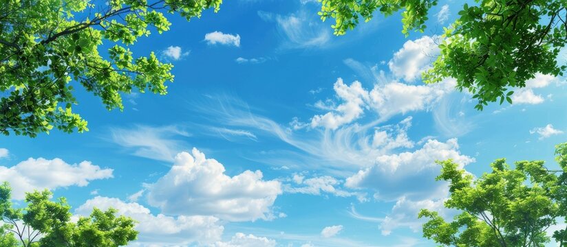 Blank blue sky with fluffy clouds and green tree branches in the foreground providing copy space image
