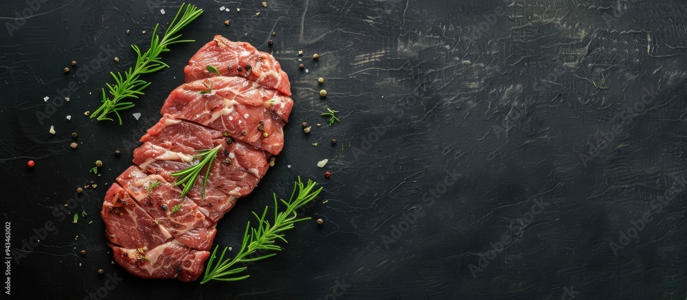 Aufkleber top view of a viennese veal escalope a schnitzel steak on a black background with ample copy space i