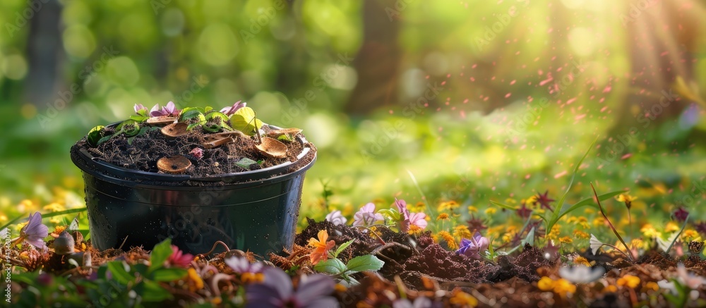 Poster Spring village garden features plastic composter bin with layers of decomposing compost and a scenic background with copy space image