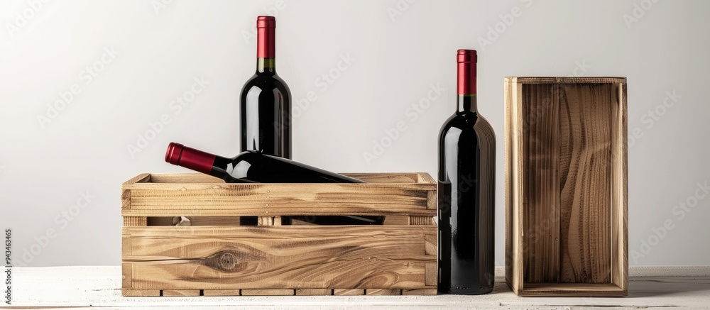 Poster Isolated on a white background wooden gift boxes with wine present a beautiful display creating a perfect copy space image