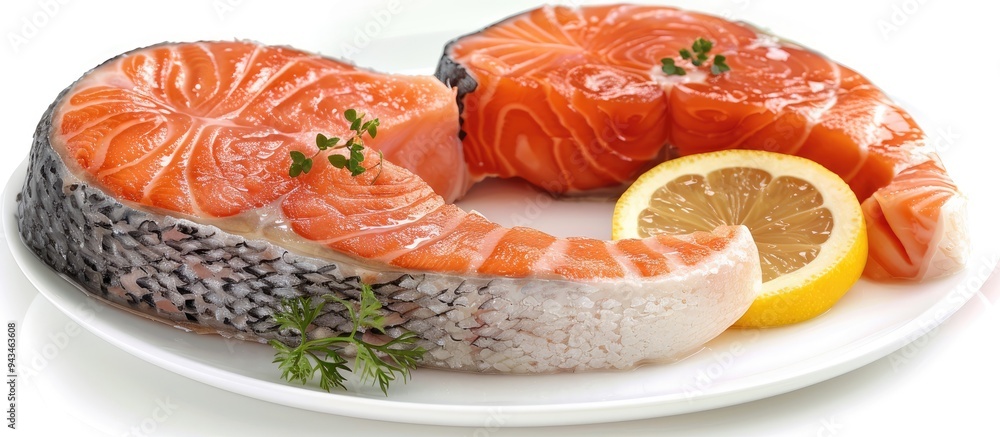 Aufkleber Cooked salmon steaks on white background with room for text pair with veggies and citrus for a nutritious meal. Creative banner. Copyspace image