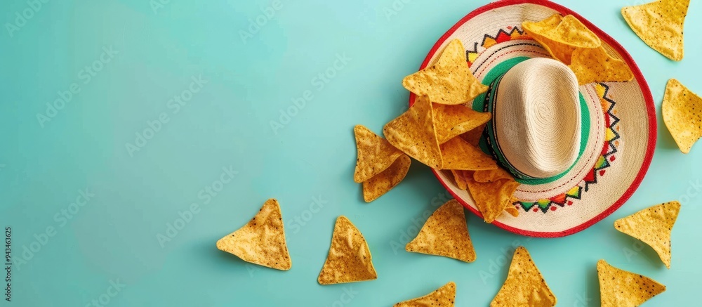 Poster a flat lay image featuring nacho chips and a mexican sombrero hat on a light blue backdrop with ampl