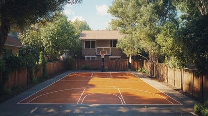 Virtual basketball court overlay in a driveway, interactive gameplay with digital opponents, AR sports, 3D animation
