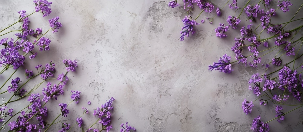 Poster top down perspective of purple blooms against a neutral backdrop picture includes room for adding te