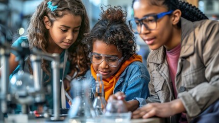 Multiracial School Children Engaged in a Science Experiment - STEM Education, Diverse Group, Learning, Discovery. Generative ai