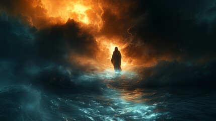 Glowing silhouette of Jesus walking on water, with light ripples extending across a stormy sea, creating a dramatic, spiritual atmosphere.