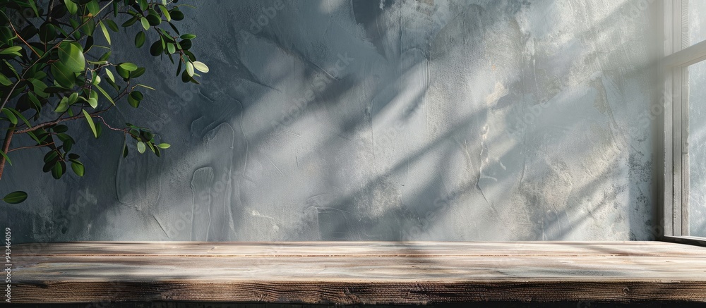 Poster wooden table with an aesthetic look placed against a gray wall with a window overlay creating a visu