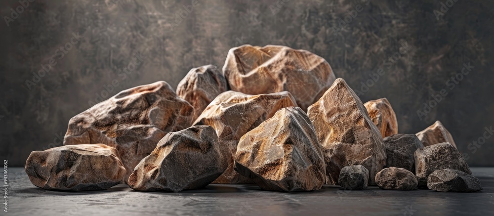 Aufkleber brown natural stones arranged on a dark backdrop create a striking podium with copy space image