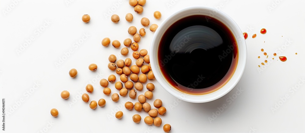Aufkleber A white background showcasing soy sauce and soybeans with copy space image