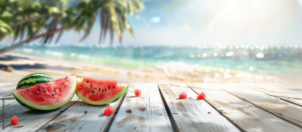 Poster a wooden table displays watermelon slices with a blurred beach and palm tree background providing am