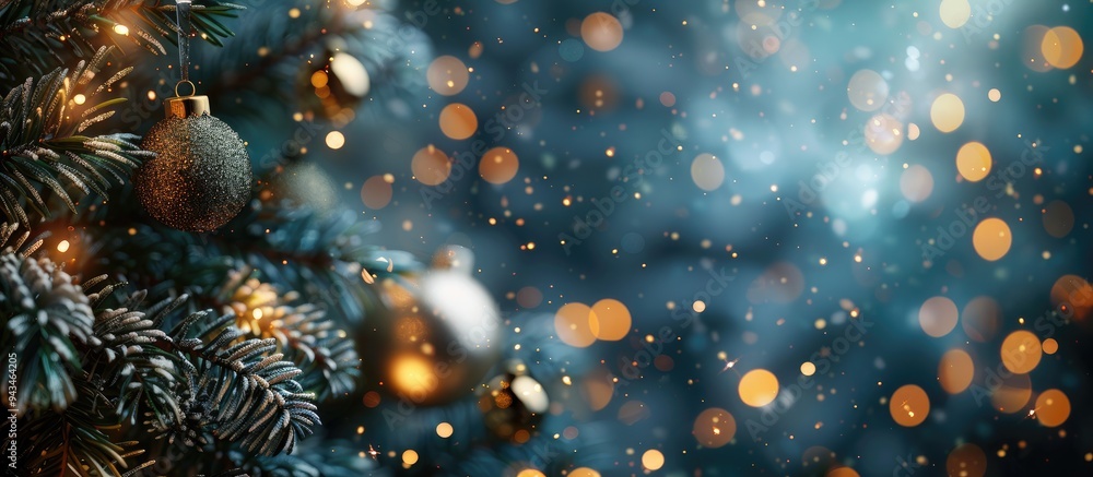 Aufkleber Fir branches decorated with Christmas balls and gold lights with a blurred abstract background perfect for a copy space image