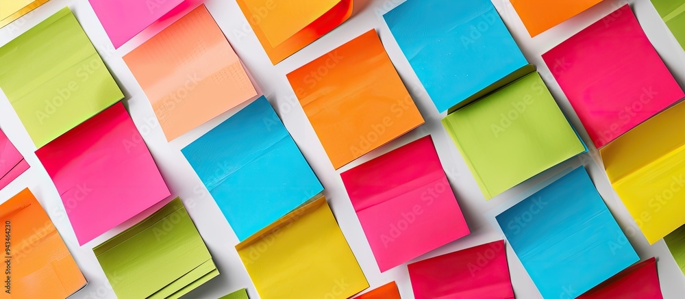 Aufkleber view from above of vibrant sticky notes on a white backdrop ideal for school or office use flat lay 