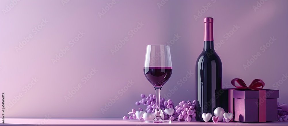 Poster a romantic valentine s day setting featuring a bottle of wine glass and gift box on a lilac backgrou