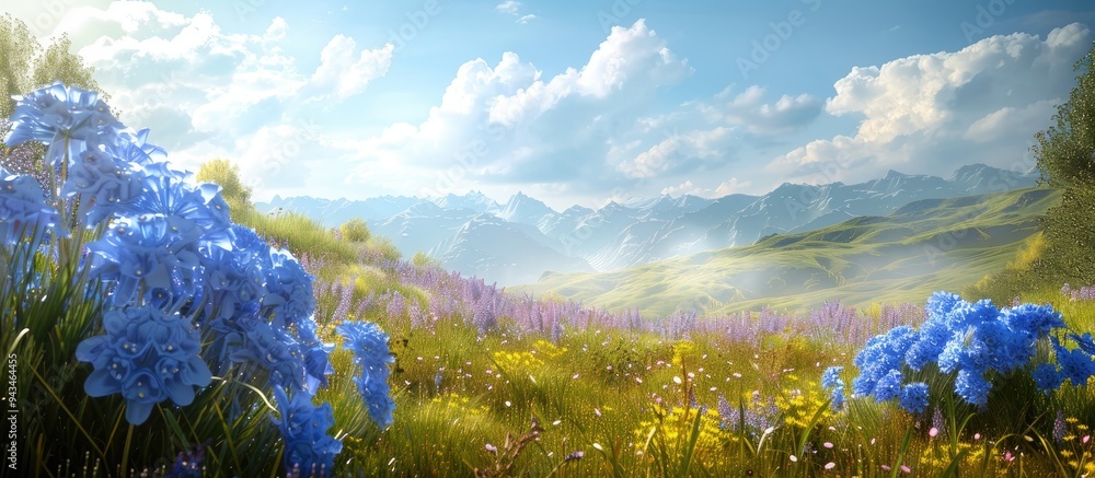 Poster cicely flowers in full bloom on a picturesque meadow with a stunning copy space image available for 