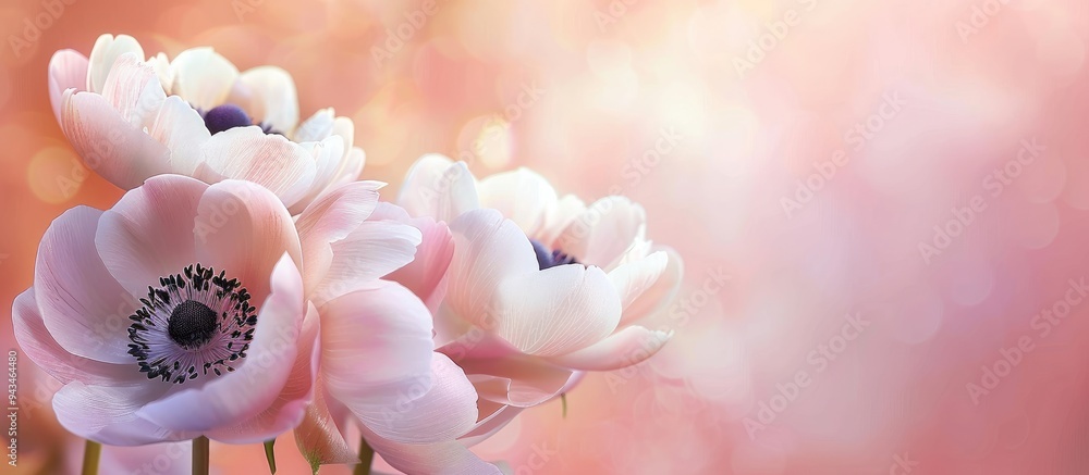 Poster a romantic composition featuring fragile anemone peony blooms on a bright backdrop ideal for a weddi
