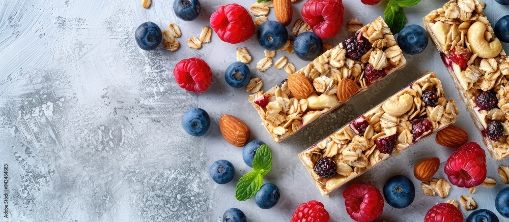 Poster A nutritious snack option for health conscious individuals an assortment of granola bars filled with nuts and berries displayed in a top view copy space image