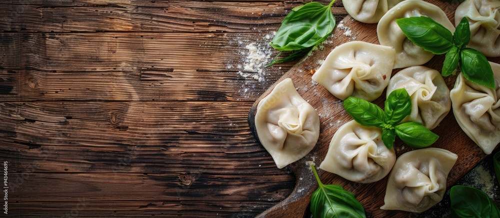 Aufkleber wooden background showcasing a board with uncooked dumplings and fresh basil featuring copy space im