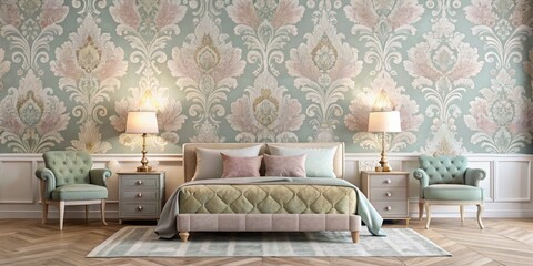 Elegant Damask Wall Patterns Soft Pastel Hues Luxury Interiors Timeless Architecture Sophisticated Bedroom Decorating Ideas Textured