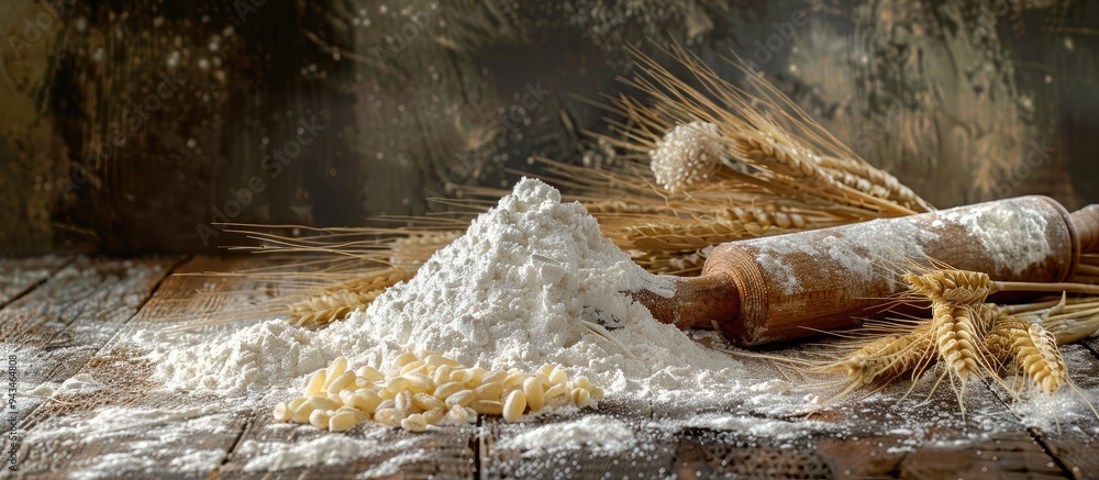 Aufkleber Wooden table adorned with a pile of flour a rolling pin ears of wheat and ample copy space for images all creating a rustic culinary setting