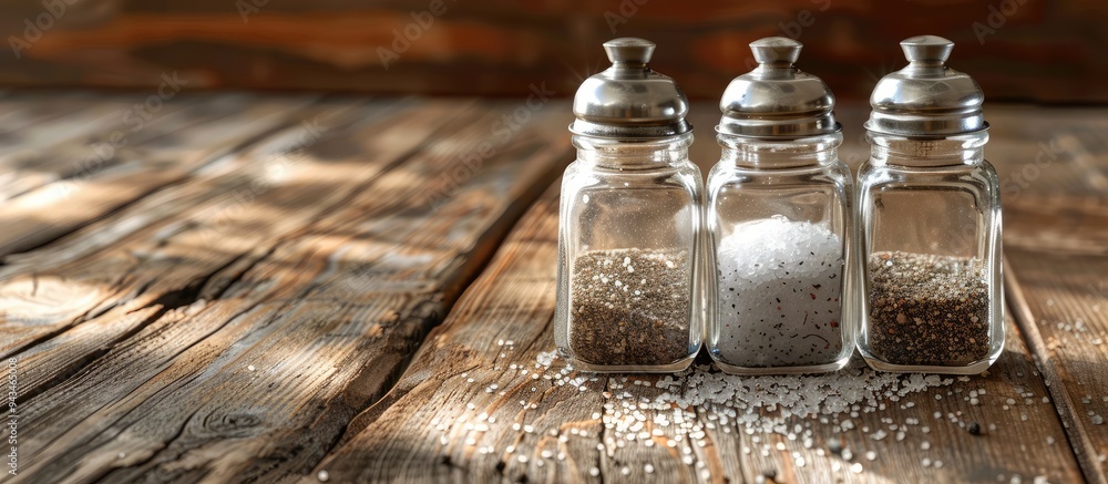 Poster close up shot of salt and pepper shakers on a wooden table with ample copy space image