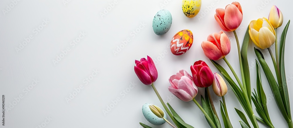 Aufkleber copy space image featuring vibrant tulips and eggs against a white backdrop embodying the essence of