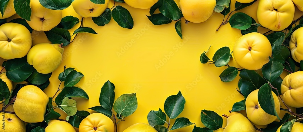 Poster Yellow background with frame created using sweet ripe quinces and leaves ideal for a copy space image