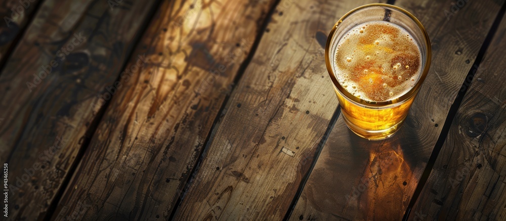 Poster top view of a teku glass with beer on a wooden table featuring copy space for images