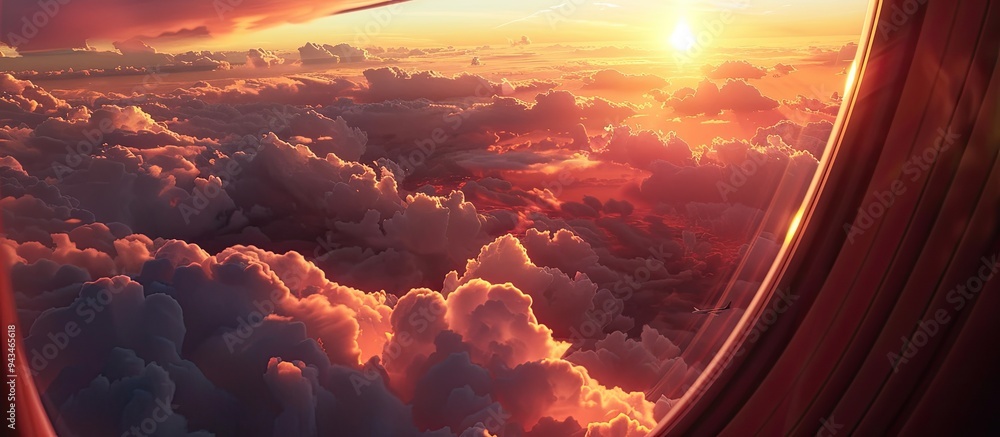 Poster a sunset view captured from an airplane s window showcasing a vibrant sky with a copy space image fo
