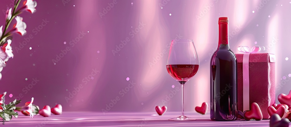 Poster a romantic valentine s day setting featuring a bottle of wine glass and gift box on a lilac backgrou