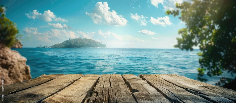 Aufkleber Sea view on an island with a charming wooden log serving as a table background featuring ample copy space for an image
