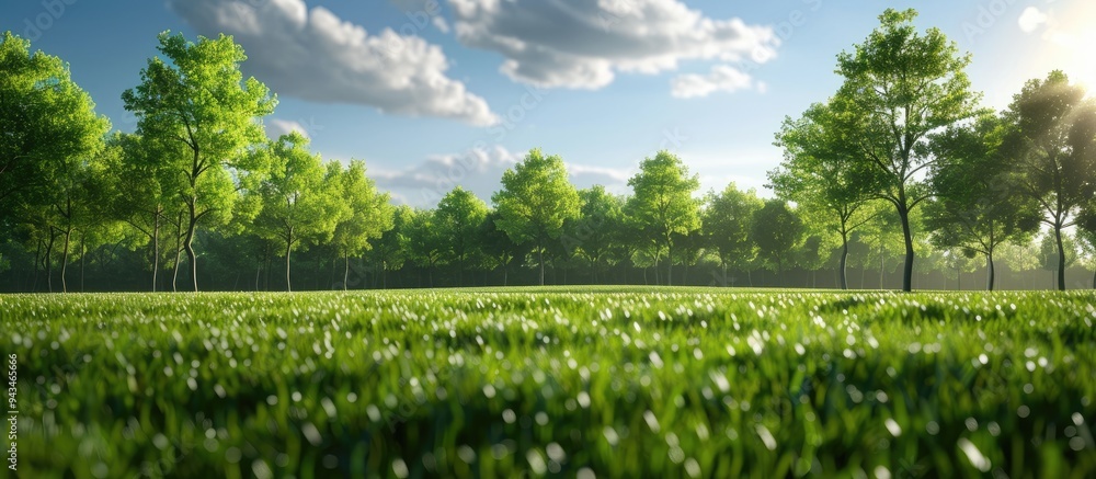 Poster a serene landscape featuring a grassy field with trees in the backdrop perfect for a copy space imag