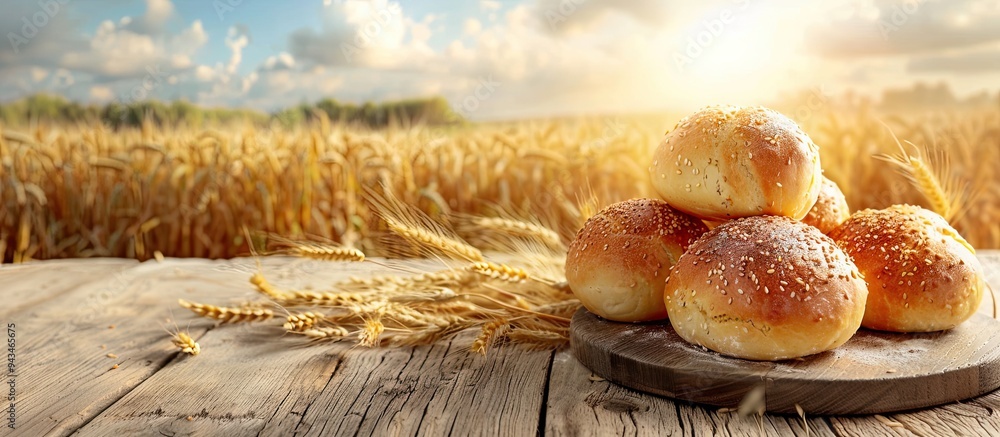 Aufkleber Wooden table displaying freshly baked buns with a blurred backdrop of a wheat field in summer providing copy space for food and drink products in the image