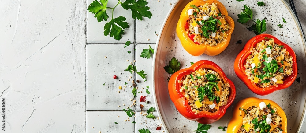 Poster close up of quinoa filled bell peppers and parsley arranged in a baking dish on a white table with a
