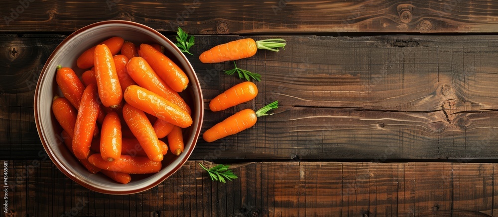 Aufkleber Top view of baby carrots with sauce on a wooden table allowing for text in the copy space image