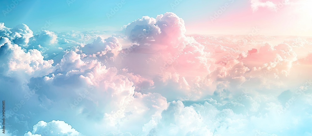 Poster soft pastel clouds on a blue sky provide a dreamy paradise concept with open copy space for a banner