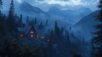 Enchanting evening scene of a lit wooden house nestled in the forest, with foggy mountains rising in the distance.