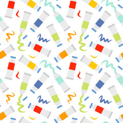 Seamless pattern with cartoon paint tubes in flat style. Drawing tools isolated on white background. Vector illustration