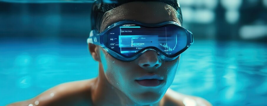 A swimmer wearing high-tech goggles in a pool, showcasing innovative swim technology and the focus of aquatic sports.