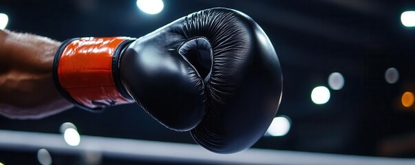 Close-up of a boxing glove ready for action, highlighting the sport's intensity and determination in a dynamic environment.