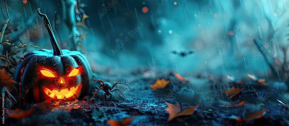 Poster A spooky Halloween themed background featuring pumpkins spiders and a Jack o lantern on a blue backdrop perfect for adding text with copy space image