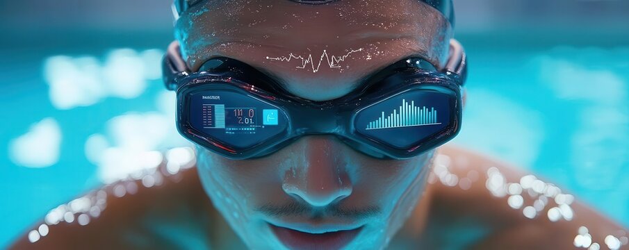 Close-up of a swimmer wearing smart goggles, showcasing technology and focus in a vibrant swimming pool environment.