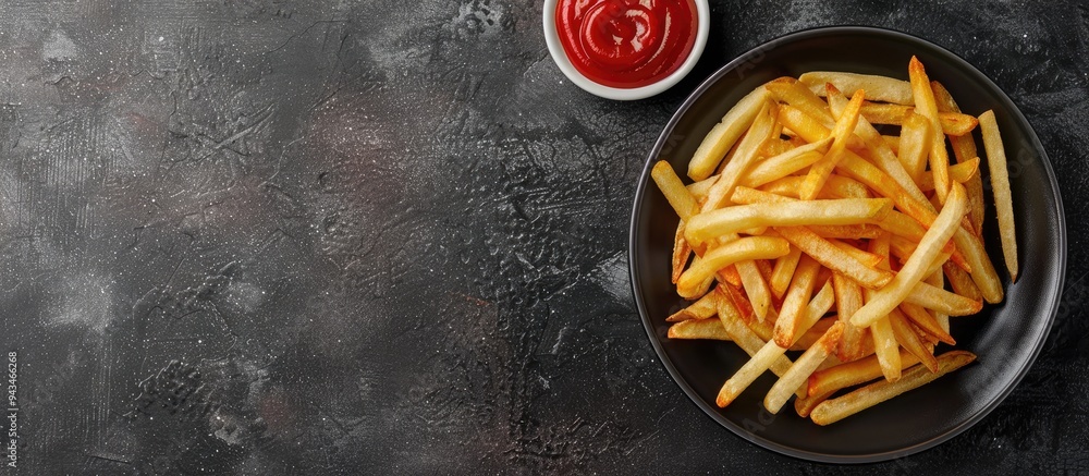 Aufkleber top down view of homemade american french fries with ketchup on a plate with ample copy space image