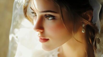 Gentle sunlight highlights the face of a beautiful bride, her expression serene and filled with emotion.