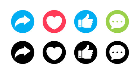 Like, Share, comment and love heart icon buttons. Like button, thumb up, love and heart, comment, repost and share icon buttons. Like love comment share icon. Social media vector illustration.